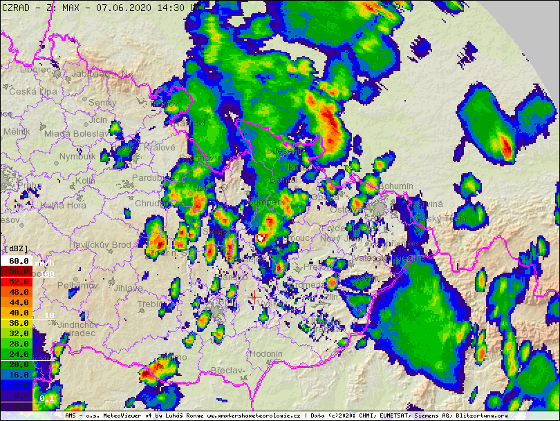 Radarový snímek 7. 6. 2020 v 14:30 UTC. Zdroj: ČHMÚ